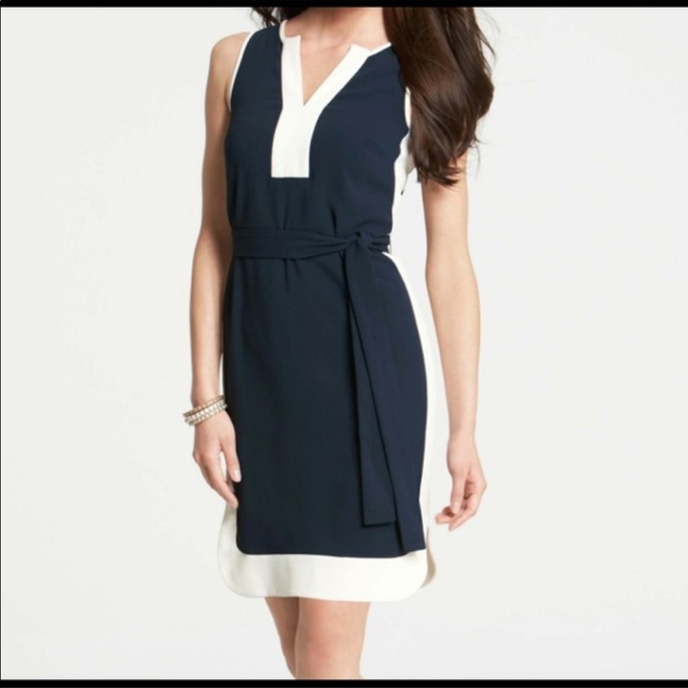 Ann Taylor Navy Belted Sleeveless Shift Dress